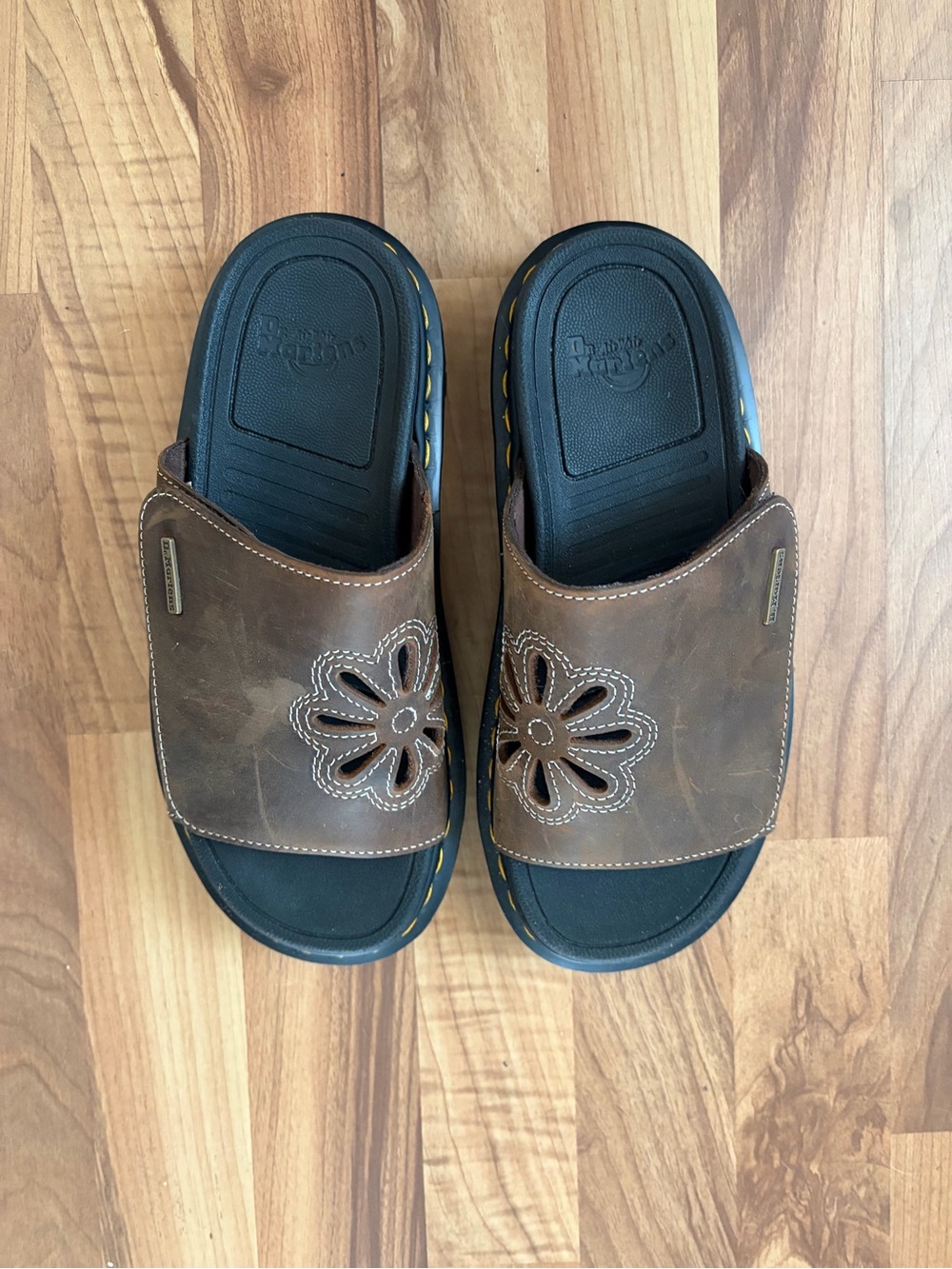 Dr. Martens Zepzag Brown Leather Floral Cutout Slide Sandals